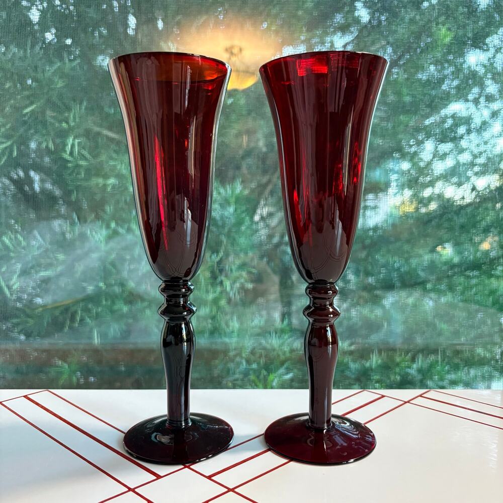 Fifth Avenue Ruby Red Champagne Flutes Set of 2 | Vintage Crystal 9.5”